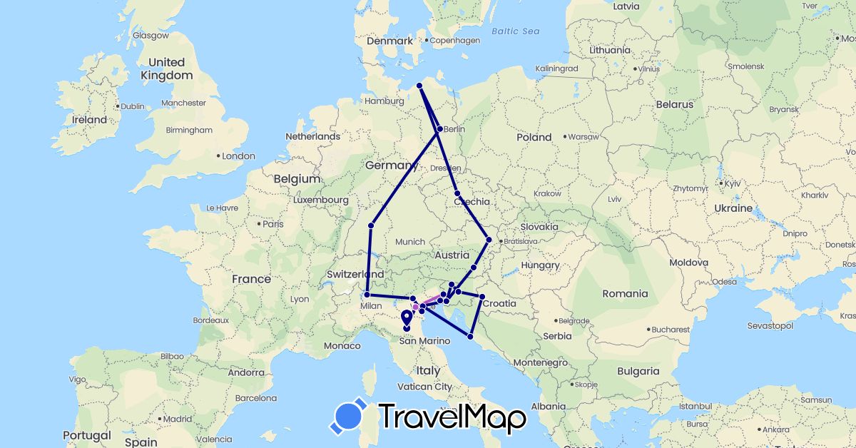 TravelMap itinerary: driving, train in Austria, Switzerland, Czech Republic, Germany, Croatia, Italy, Slovenia (Europe)